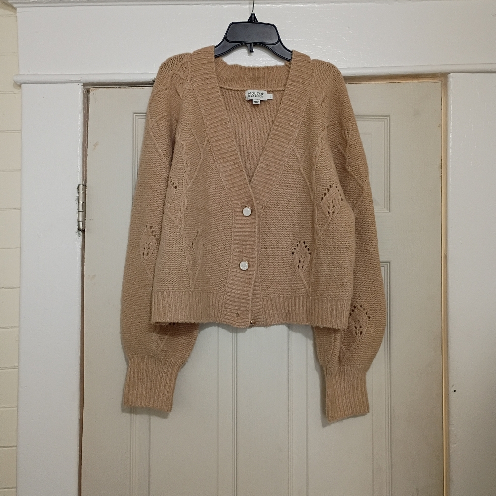 Molly Bracken V-Neck Pointelle Knit Boxy Cardigan Sweater Large Minimalist - Picture 12 of 13